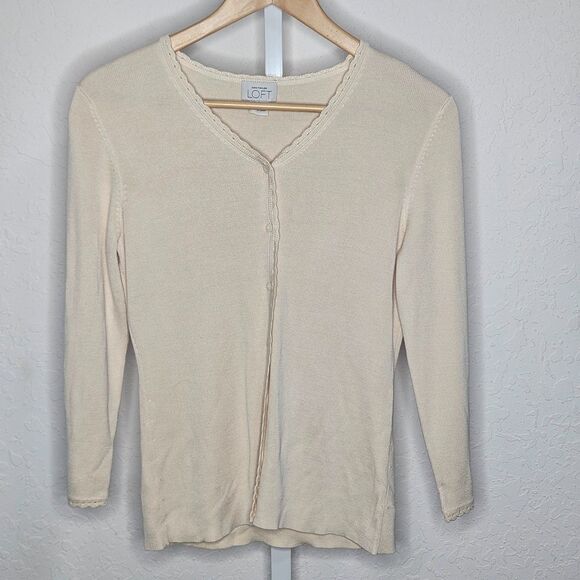 Ann Taylor Loft 100% Silk Cardigan Sweater Beige Button Front Women’s Small - Picture 1 of 6